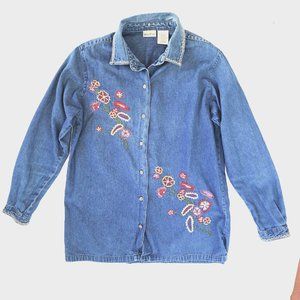 Bobbie Brooks Women's Blue Denim Top/Shirt Floral Embroidered Size M 100% Cotton